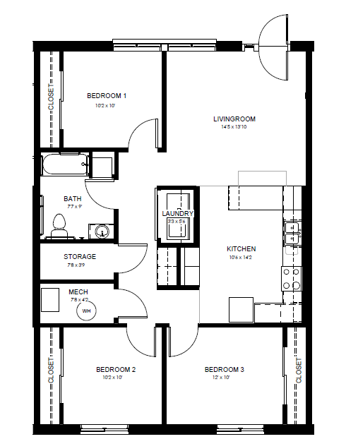 Floor plan for 3 beds, 1 bath, 1065 sqft